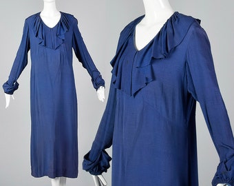 Large 1930s Dress Blue Day Dress Ruffle Neckline Long Sleeves Day Wear Art Deco Bias Cut Spring Fall 30s Vintage