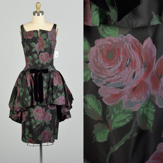 Small 1950s Novelty Rose Print Dress Bubble Hem P… - image 1