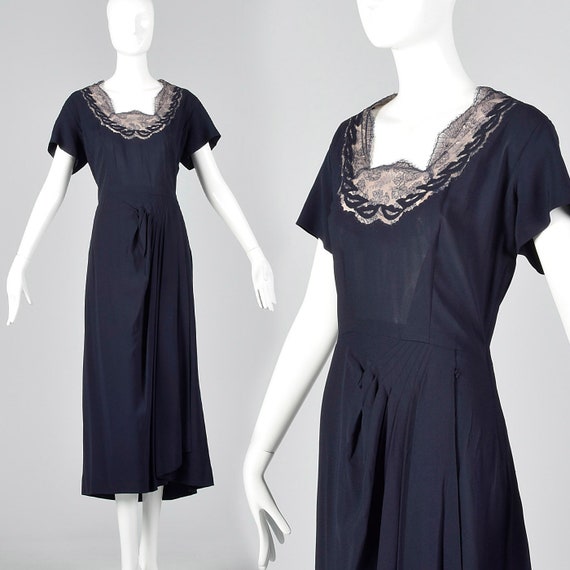 XL 1950s Dress Blue Rayon Dress Lace Illusion Neck