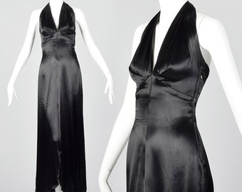 XXS 1930s Halter Dress Black Liquid Satin Evening Gown Old Hollywood Glamor Vintage 30s