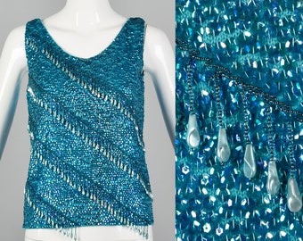 Small 1960s Blue Beaded Tank Vintage Sleeveless Blouse Sequin Top 60s Knit Top 60s Shell Blouse Teal Blouse