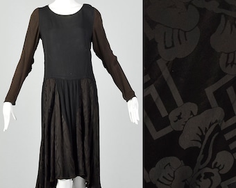 1920s XS Deco Day Dress Vintage 20s Drop Waist Dress 20s Day Dress Vintage Deco Dress Black and Brown Dress
