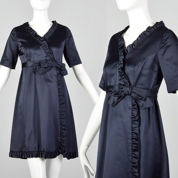 Medium 1960s Blue Satin Dress Vintage Faux Wrap Dr