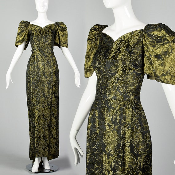 Small 1940s Damask Gown Vintage Puff Sleeve Gown S