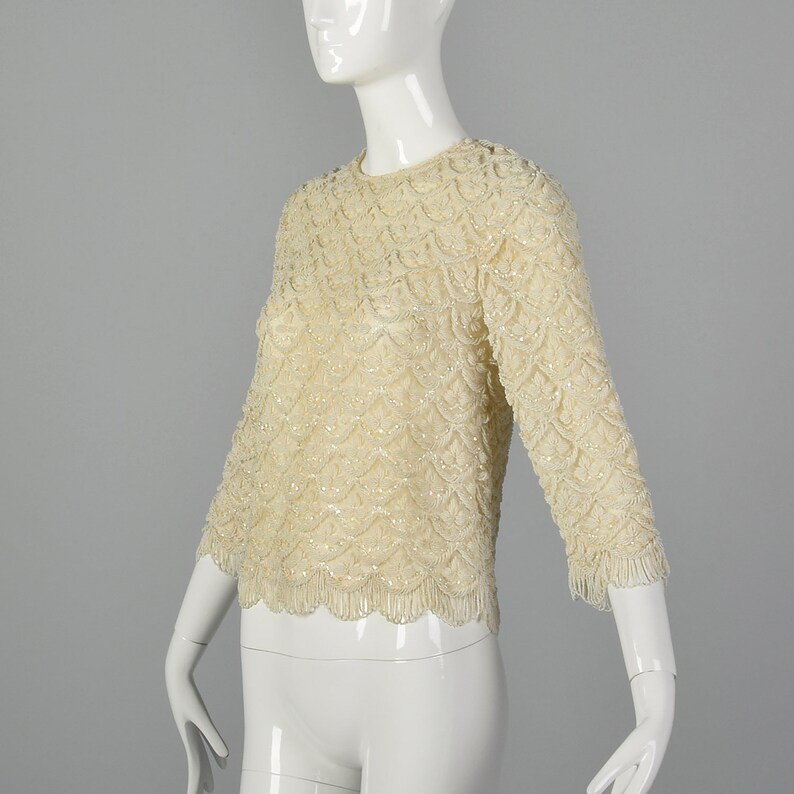 XXS 1960s Beaded Blouse in Ivory Vintage Beaded Top 60s Beaded Blouse Wedding Blouse Extra Small Wedding Top