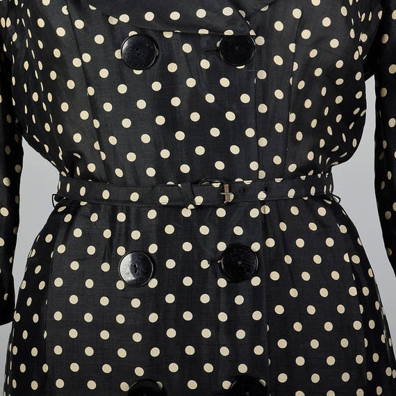 XL 1950s Black Silk Polka Dot Dress Double Breast… - image 8