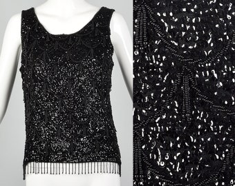 Medium 1960s Sleeveless Black Beaded Blouse 60s Knit Tank Vintage Formal Blouse Sequin Top 1960s Formal Top