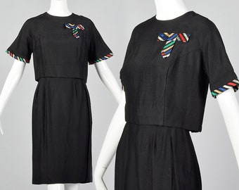 XS 1960s Two Piece Set Black Rayon Skirt Suit Rainbow Stripe Taffeta Ribbon Trim Boxy Short Sleeve Top Pencil Skirt 60s Vintage