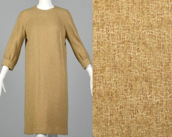 Small 1960s Bouclé Shift Dress Bracelet Sleeve Minimalist Neutral Autumn Dress