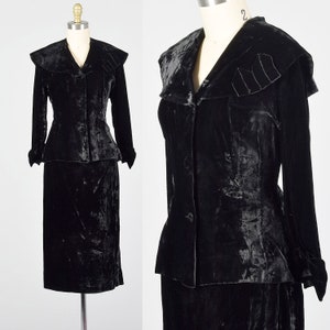 Small 1950s Crushed Velvet Skirt Suit Long Sleeve Black Jacket Large Collar Fall Pencil Skirt Womens Vintage Separates