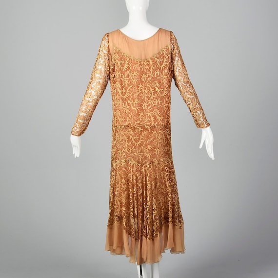 Small 1930s Dress Golden Brown Lace Dress Chiffon… - image 2