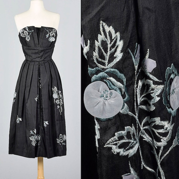 Small 1950s Strapless Silk Dress Black Silk Dress… - image 1