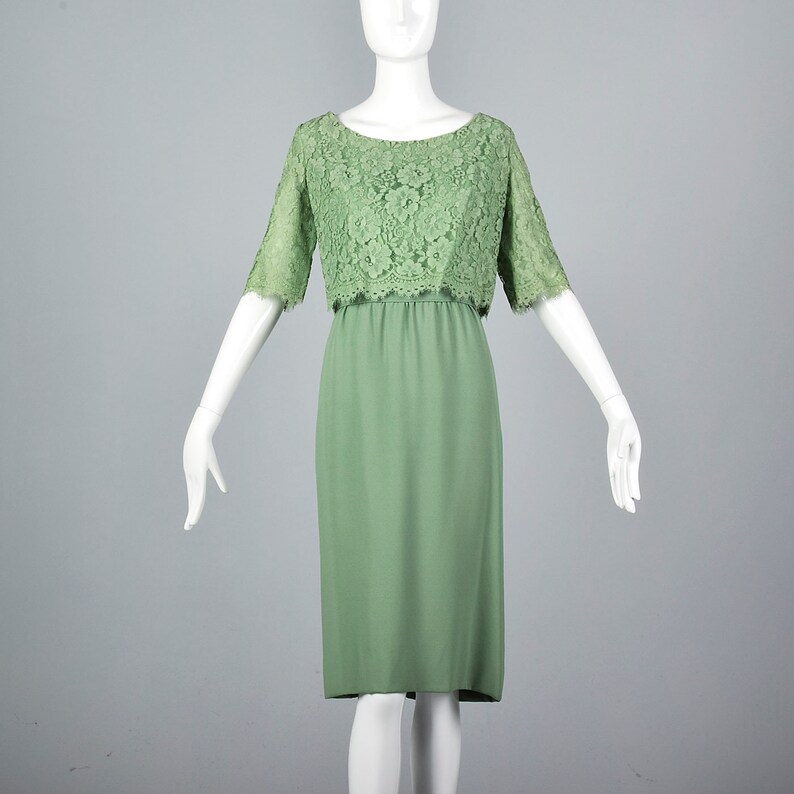 Medium Emma Domb 1960s Dress Green Cocktail Dress Lace Overlay Party Outfit Evening Wear Elbow Sleeves Summer Style Vintage 60s