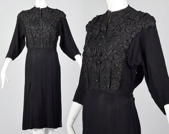 Small 1940s Dress Black Dress Three Dimensional Applique Soutache Cocktail Party Evening LBD Classic Timeless 40s Vintage