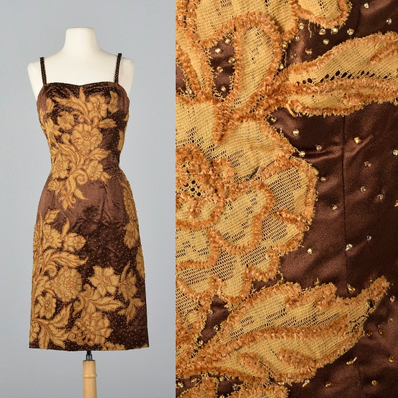 XS 1950s Dress Brown Satin Dress Lace Applique Sl… - image 1