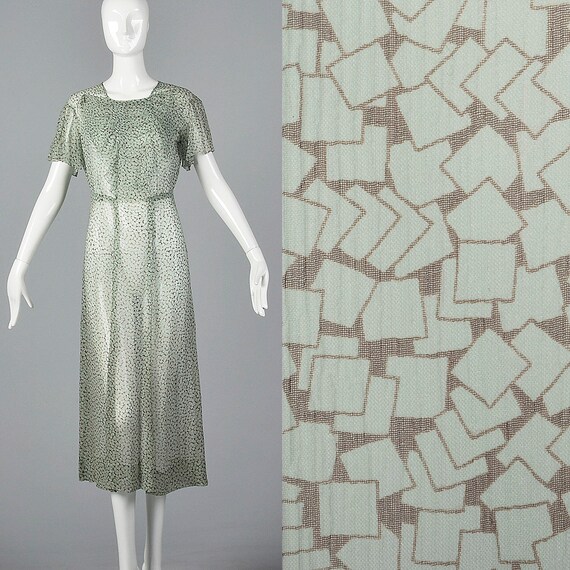 Vintage VTG 1930s 1940s Silk Green Blue Floral Patterned Drop Waist Dress