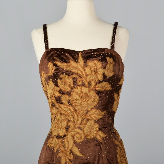 XS 1950s Dress Brown Satin Dress Lace Applique Sl… - image 4