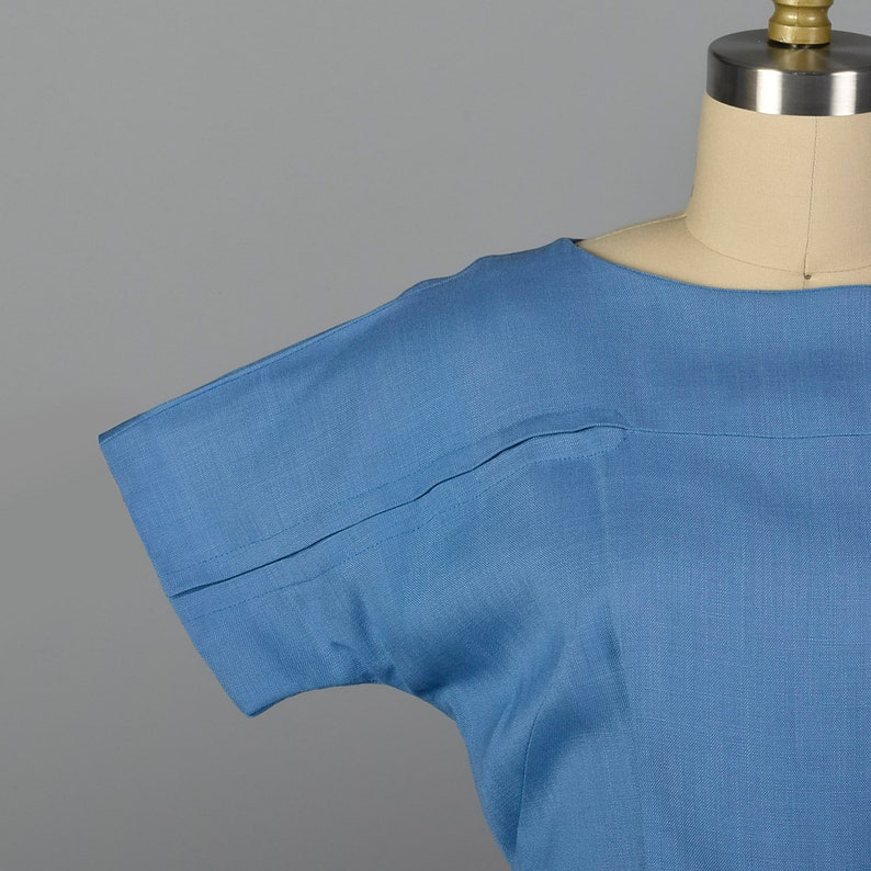 Small 1950s Dress Blue Rayon Day Dress Short Sleeves Pencil Skirt Spring Summer Day Wear Casual 50s Vintage