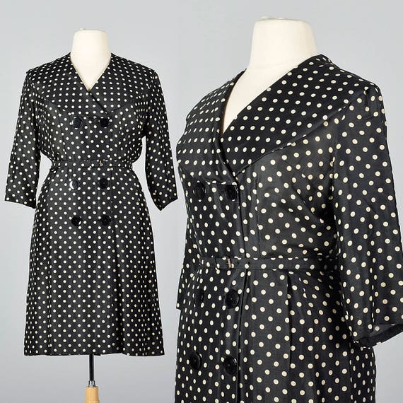 XL 1950s Black Silk Polka Dot Dress Double Breast… - image 1