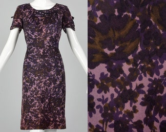 Medium 1960s Purple Floral Dress Vintage Abstract Floral Print Dress Cutout Details 60s Small Purple Dress