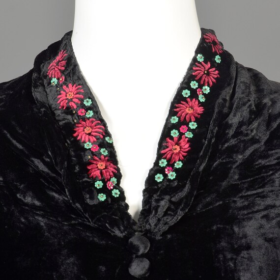 Medium 1930s Black Velvet Dress Floral Beading Em… - image 8