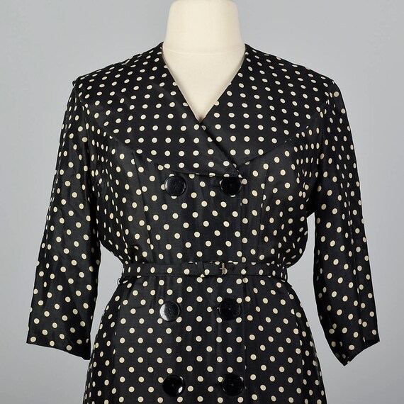 XL 1950s Black Silk Polka Dot Dress Double Breast… - image 4