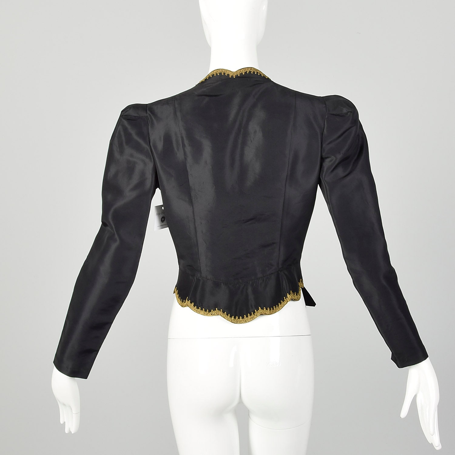 XS 1940s Jacket Black Taffeta Tie Waist Scallop Edge Gold Trim Embroidery Evening Jacket Etsy