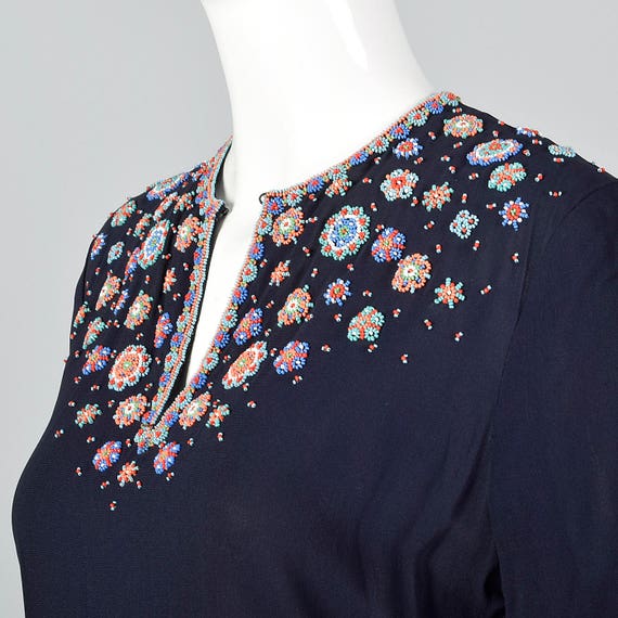 Small 1940s Navy Beaded Top Rayon Peplum Blouse S… - image 6