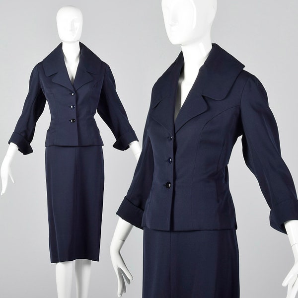 Mittlere 1950er Jahre Jean Dessés Designer Rock Anzug Marine blau Gabardine Ensemble ausgestattet Jacke Bleistift Rock passende separate 50er Jahre Vintage