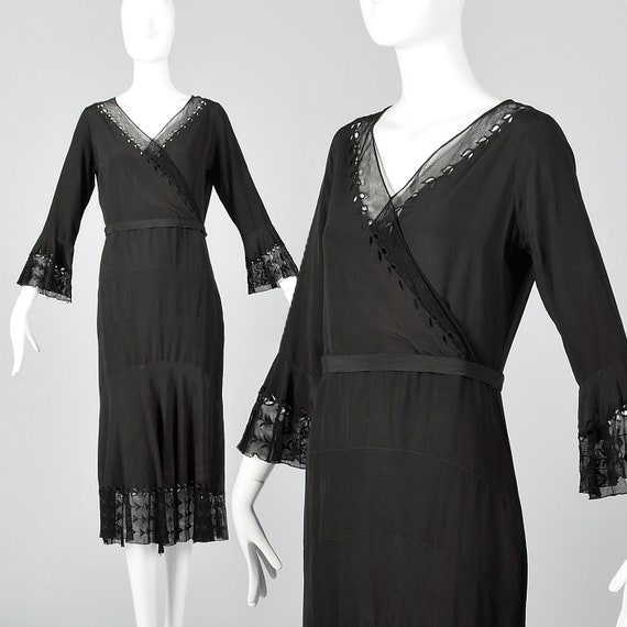 Medium 1930s Dress Black Dress Sheer Mesh Trim Be… - image 1