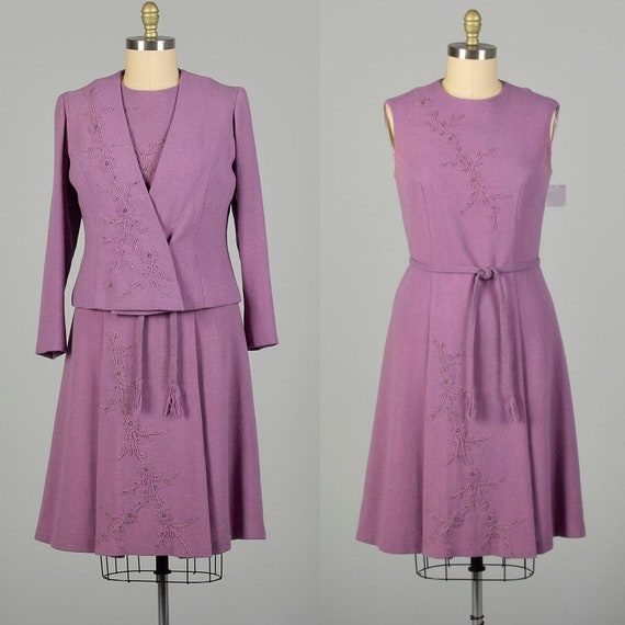 XL 1960s Set Purple Tweed Jacket Lilac Day Dress A