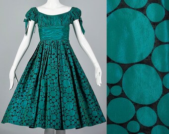 Small 1950s Dress Flocked Polkadot Fit and Flare Party Dress Short Sleeves Off Shoulder Full Skirt Green Blue Black 50s Vintage