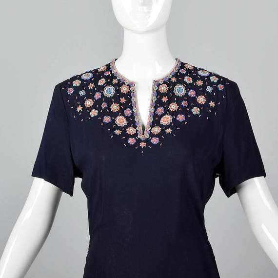 Small 1940s Navy Beaded Top Rayon Peplum Blouse S… - image 4