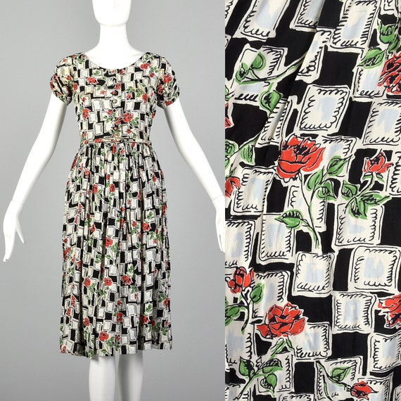 XS 1940s Novelty Print Dress Vintage 40s Rayon Dre