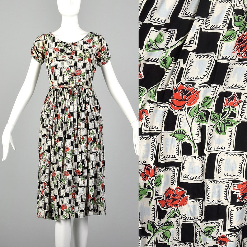 XS 1940s Novelty Print Dress Vintage 40s Rayon Dress Floral Day Dress 40s Rayon Dress Short Sleeve Dress image 1