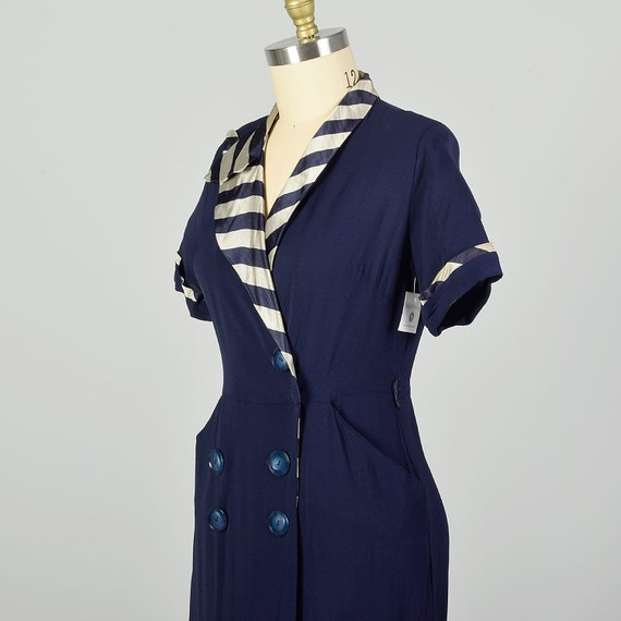 Large 1950s Dress Asymmetric Navy Striped Collar … - image 5