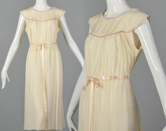 1930s Silk Nightgown Drawstring Ribbon Waist Cream Silk Nightgown Lounge Sleepwear Boudoir Art Deco 30s Vintage
