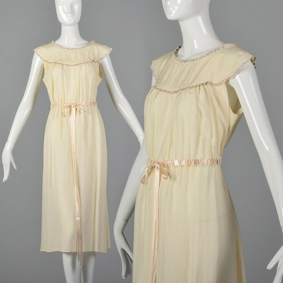 1930s Silk Nightgown Drawstring Ribbon Waist Cream