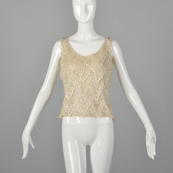 Large 1960s Sleeveless Beaded Sweater Blouse Ivor… - image 3