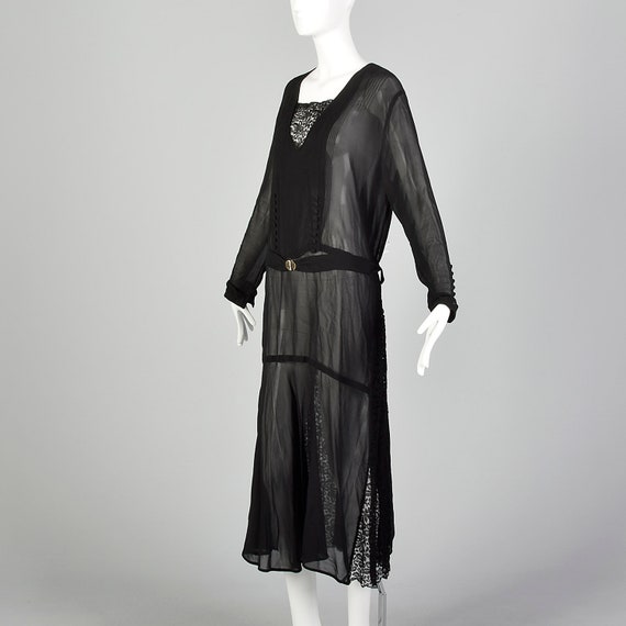 XXL 1920s Black Dress Sheer Silk Chiffon Pin Tuck… - image 2