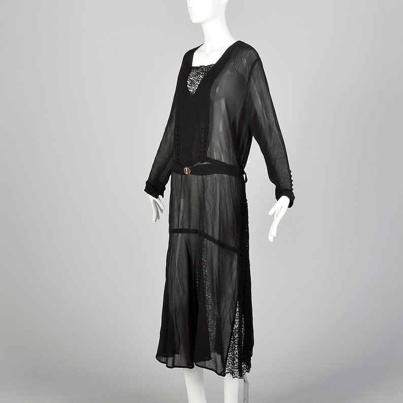 XXL 1920s Black Dress Sheer Silk Chiffon Pin Tucked Bodice 20s Drop ...