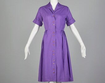 XS 1950s Purple Day Dress Rockabilly Shirtwaist Lavender Casual Cotton Summer Shirtdress