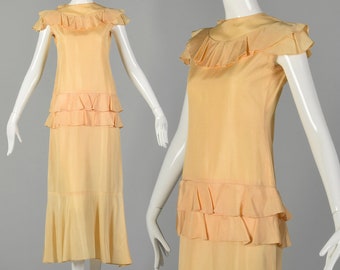 XXS 1940s Peach Dress Orange Drop Waist Midi Ruffles Costume Study Piece