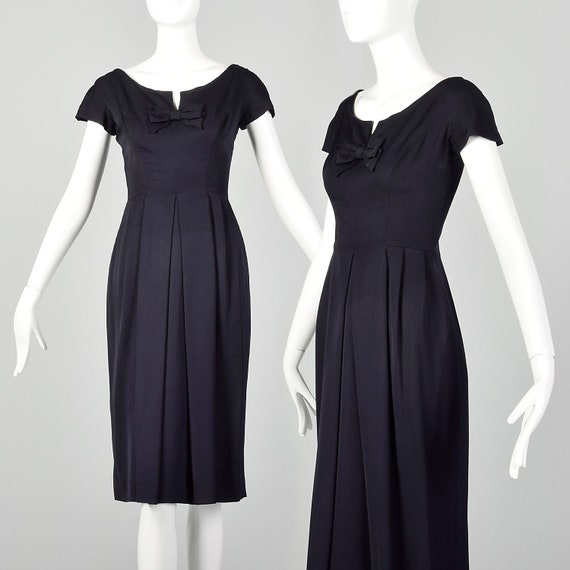 Small 1940s Dress Navy Blue Boatneck Notched Bow … - image 1