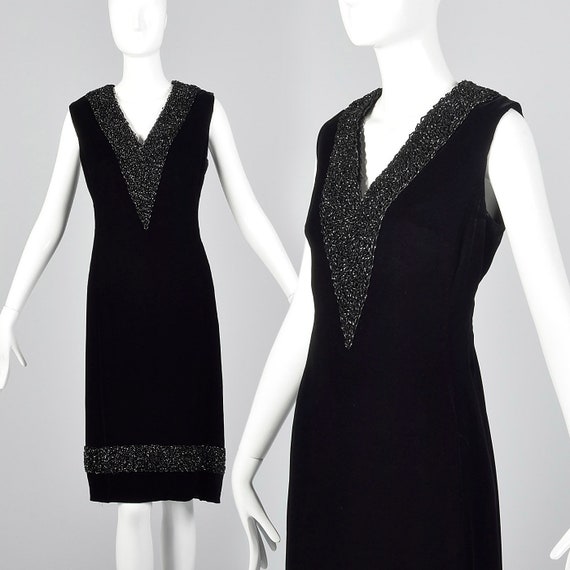 Large 1960s Black Velvet Dress Heavy Beading Simp… - image 1