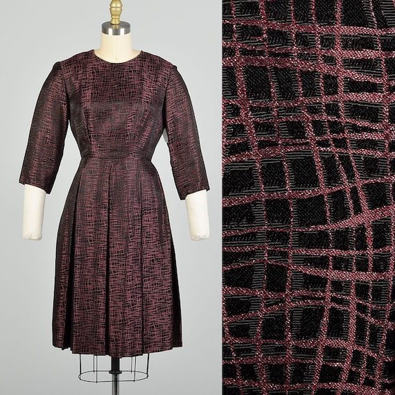 Small 1950s Black Pink Textured Cocktail Dress El… - image 1