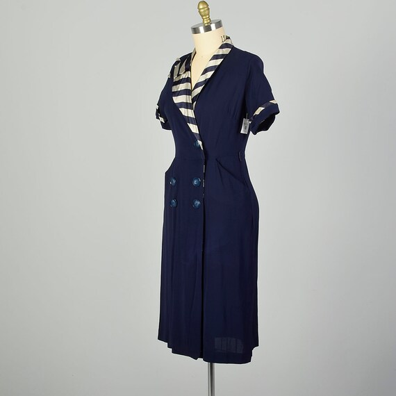 Large 1950s Dress Asymmetric Navy Striped Collar … - image 6