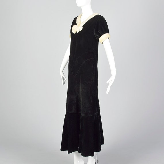 XS Black Cotton Velvet Dress White Fur Trim Bow P… - image 3