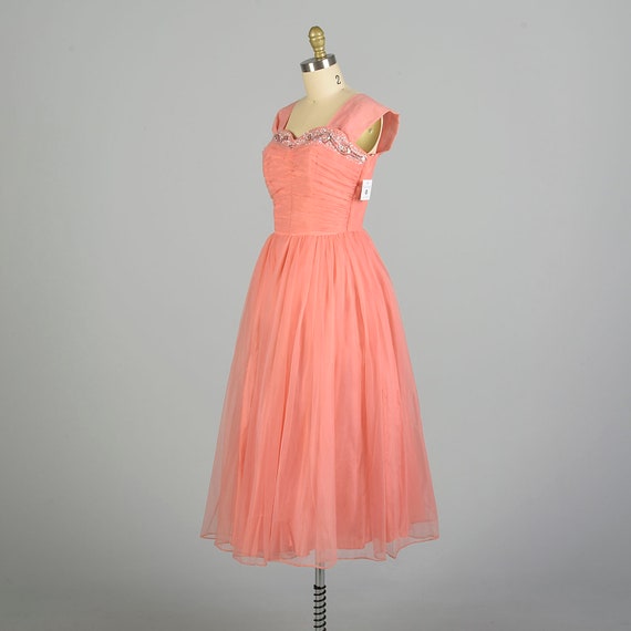 Small 1950s Pink Coral Chiffon Prom Dress Bead Em… - image 3