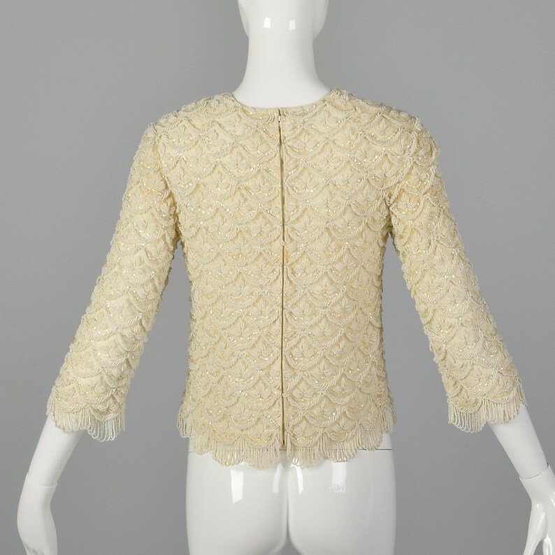 XXS 1960s Beaded Blouse in Ivory Vintage Beaded Top 60s Beaded Blouse Wedding Blouse Extra Small Wedding Top
